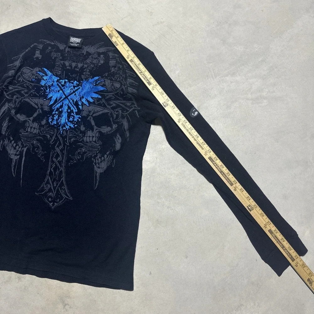 MMA Elite Men's SZ L Black Thermal Graphic Shirt Skulls Cross Phoenix Dagger Y2K
